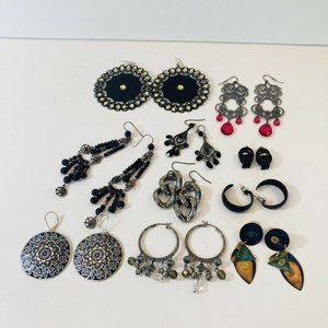 Lot of 10 Pairs Vintage to Now Black Metal Silver Tone Pierced Earrings Dangle